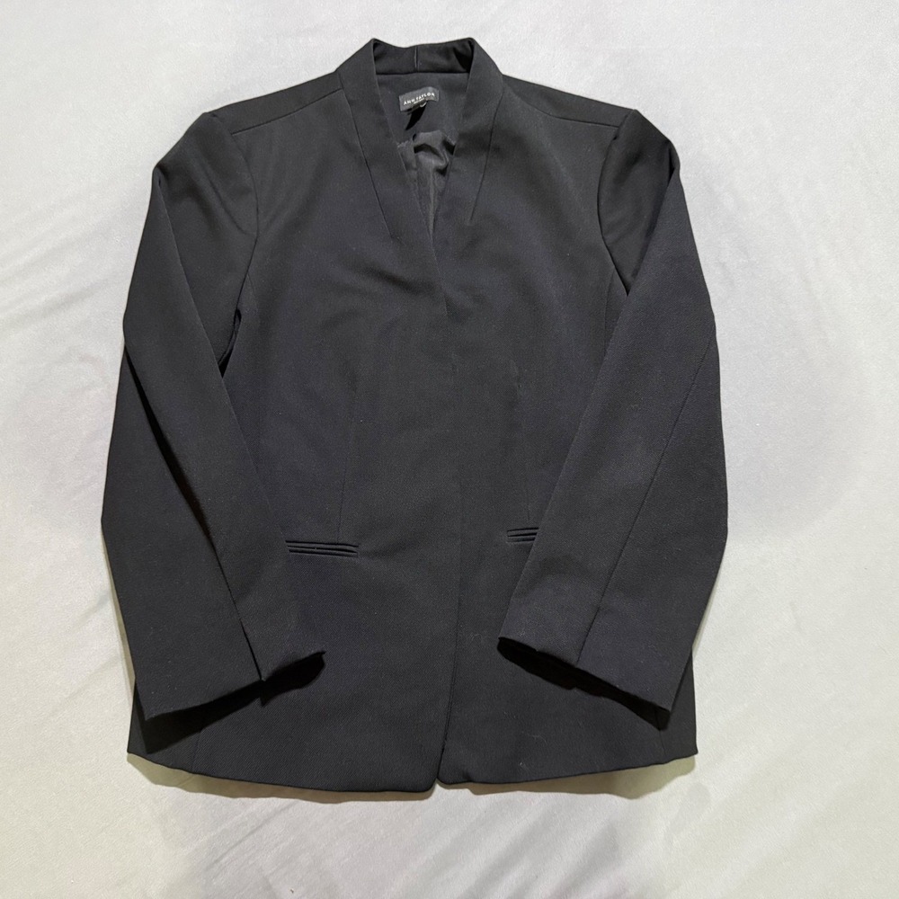 Ann Taylor Factory Blazer Women 14 Black Collarless Open Front Professional